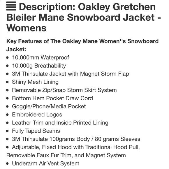 Gretchen Bleiler Oakley Mane Snowboard Jacket - Picture 8 of 9
